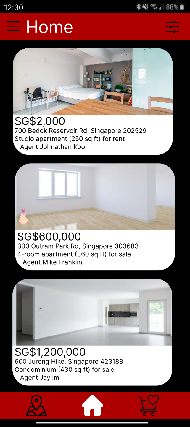 Aftino home feed showing property listings with photo, price, address, square footage, and agent name