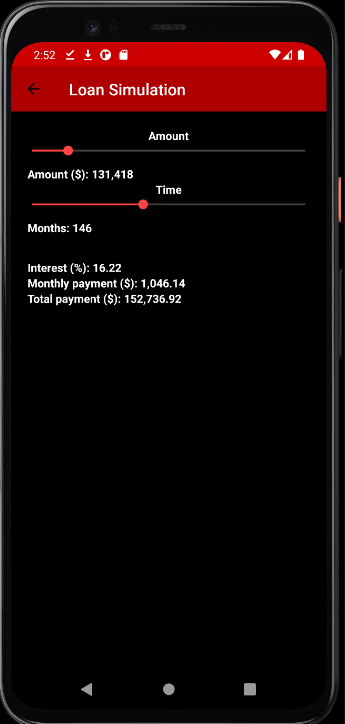 Loan simulation screen with amount and tenure sliders showing interest rate, monthly payment, and total payment