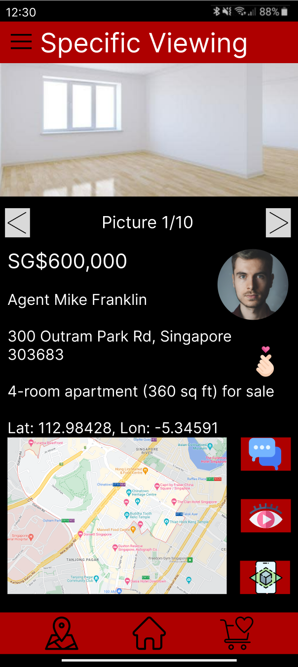 Listing detail page with photo carousel, price, agent profile, address, and embedded Google Maps location
