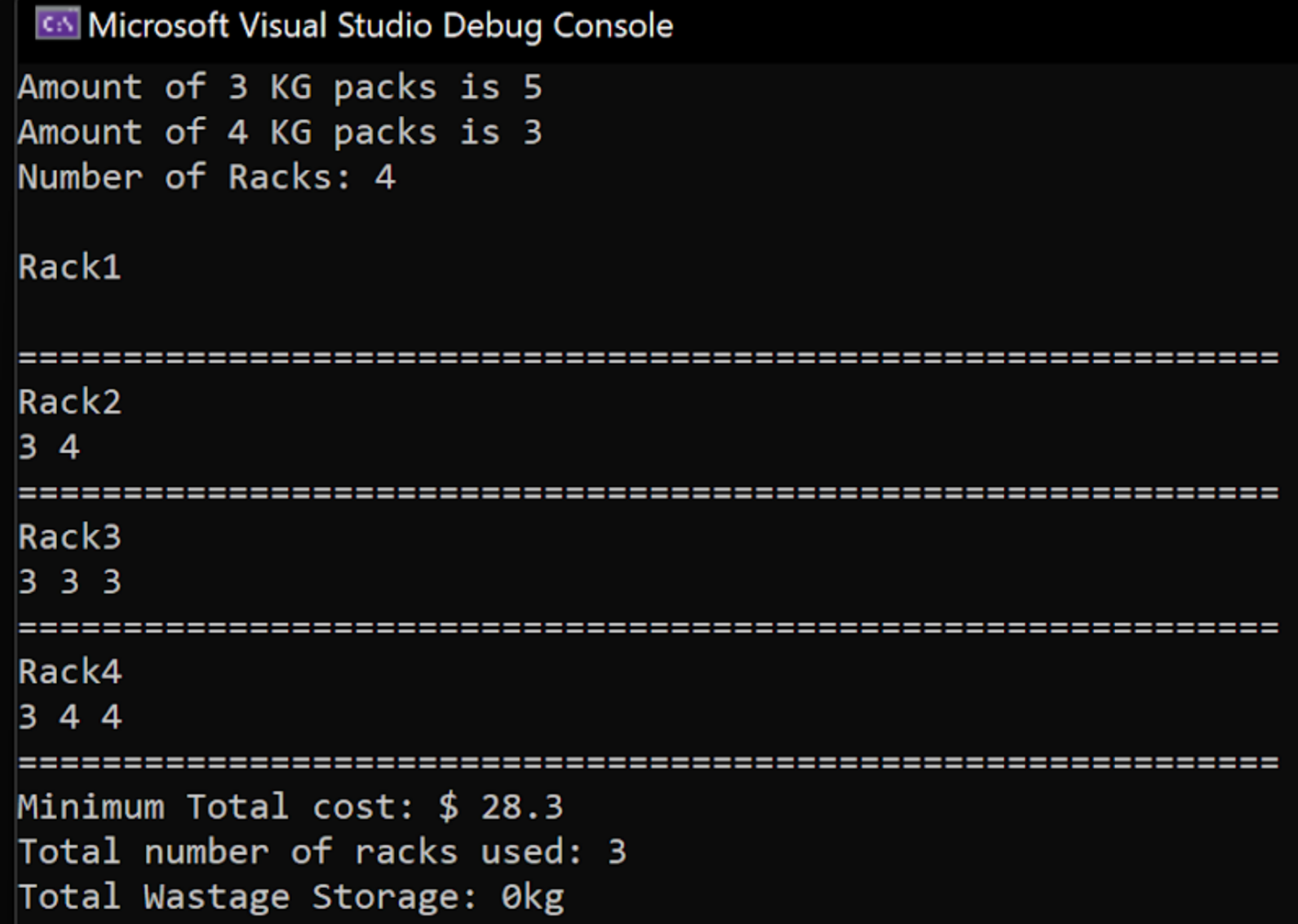 Debug console output showing per-rack package assignments, minimum total cost of $28.30, three racks used, and zero wastage