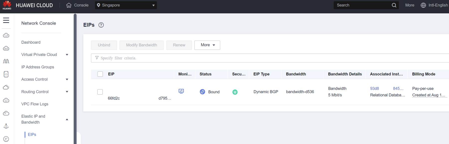 Huawei Cloud network console showing the Elastic IP bound to the RDS instance with dynamic BGP bandwidth
