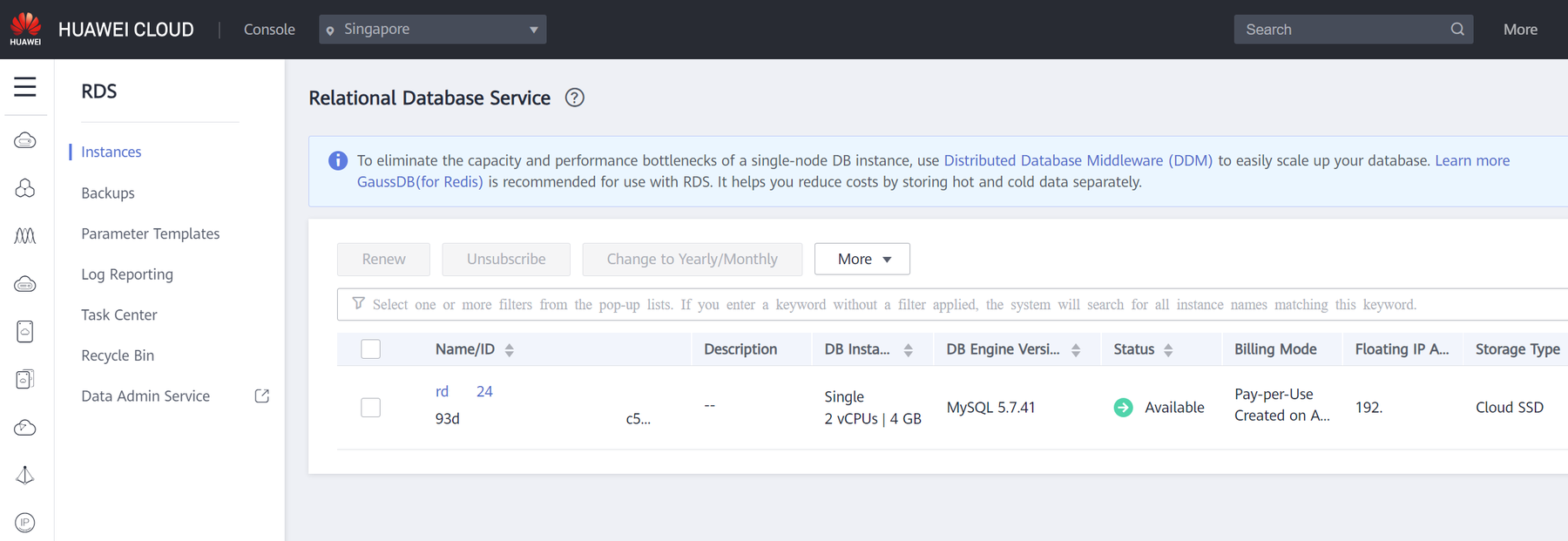 Huawei Cloud console showing the running RDS MySQL instance in the Singapore region